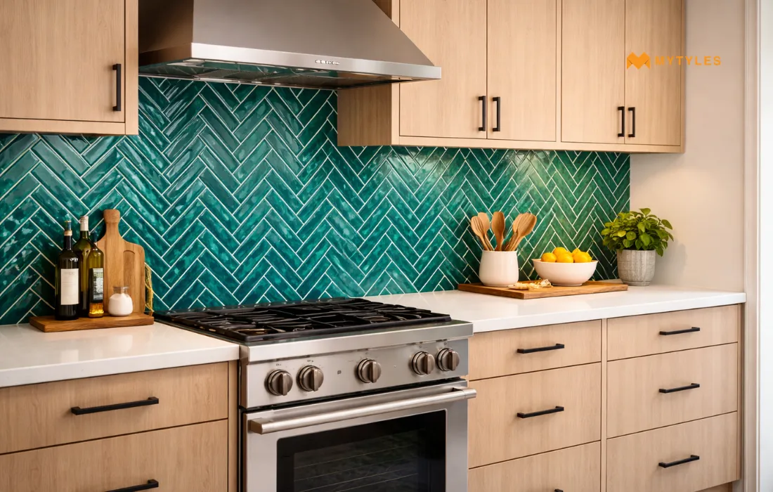 Aqua Herringbone Tile in Kitchen